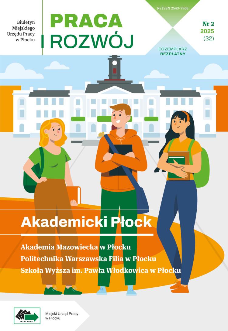 Biuletyn MUP Nr 32 poświęcony jest głównie ofercie Płockich Wyższych Uczelni. Okładka przedstawia grupę młodzieży w wieku pozaszkolnym z pleckami i książkami w rękach na tle Urzędu Miasta Płocka