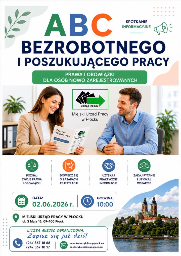 Plakat promujący spotkanie informacyjne pt. ABC bezrobotnego i poszukującego pracy - prawa i obowiązki które odbędzie się w Miejskim Urzędzie Pracy w Płocku 2 czerwca 2026 r. o godzinie 10:00