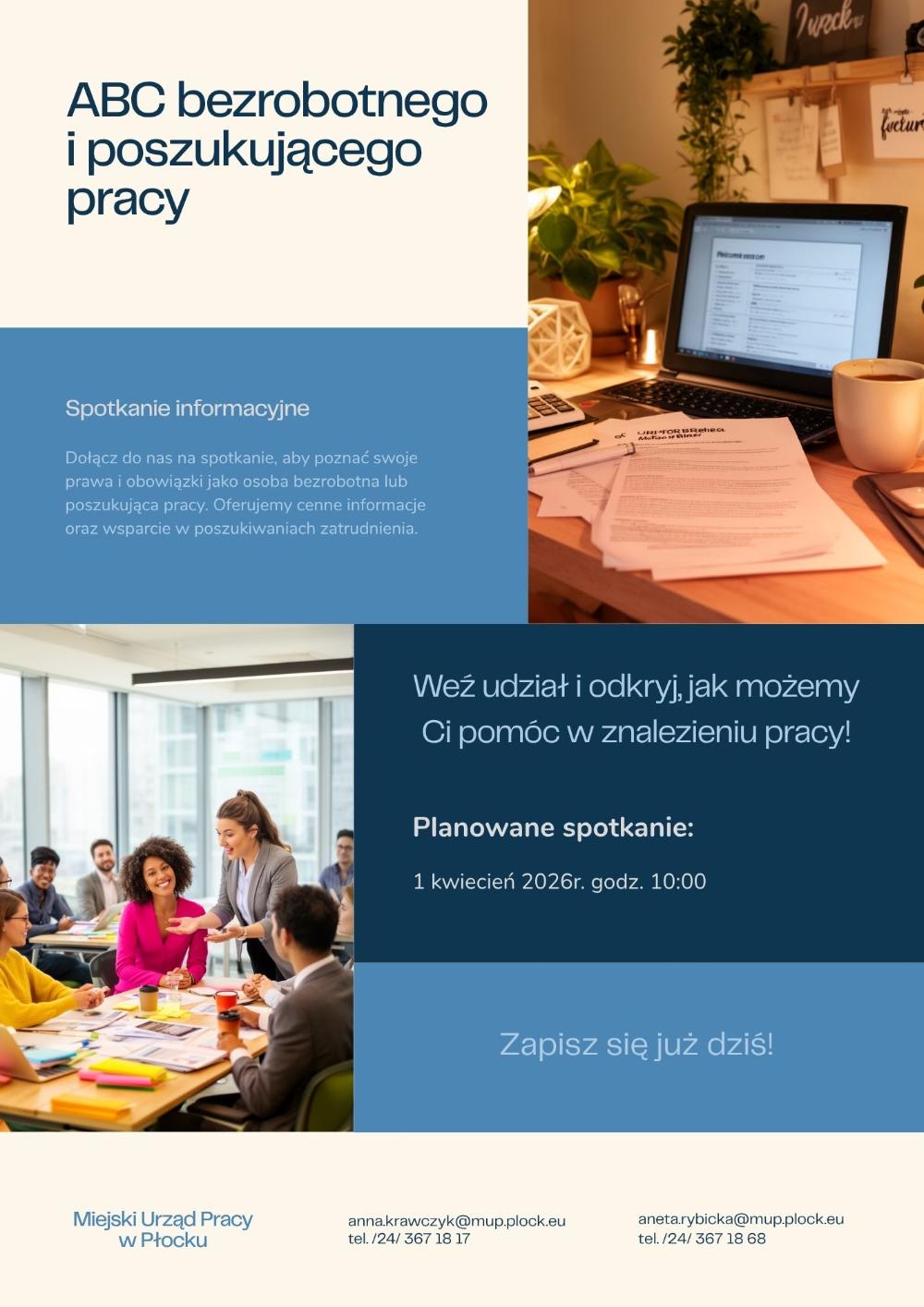 Plakat promujący spotkanie informacyjne pt. ABC bezrobotnego i poszukującego pracy, które odbędzie się w Miejskim Urzędzie Pracy w Płocku 01 kwietnia 2026 r. o godzinie 10:00.